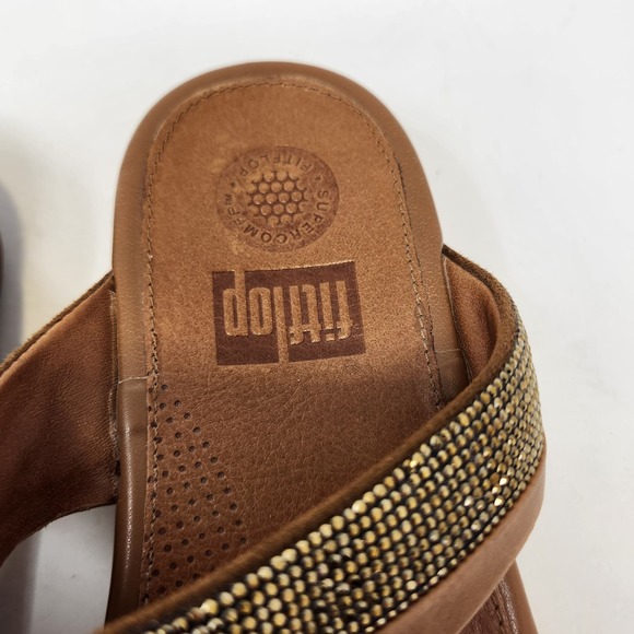 FitFlop Womens Banda Brown Leather Gold Crystal Thong Sandals Size 9 Toe Post - Picture 3 of 9